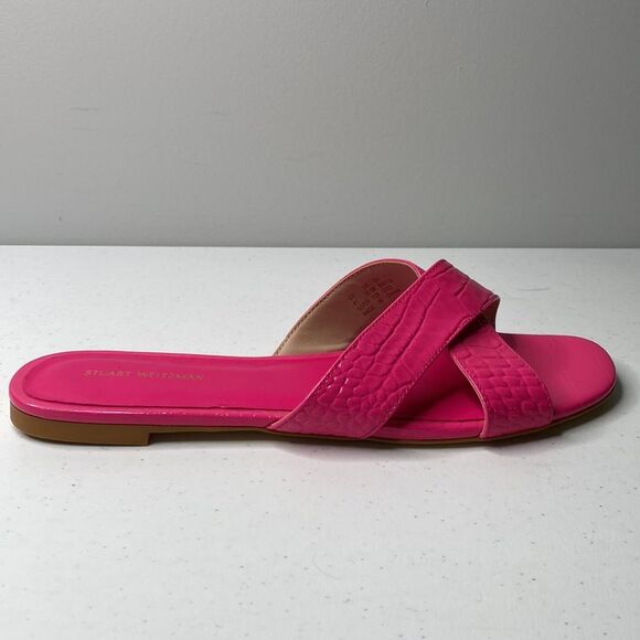 Stuart Weitzman Roza Flat Slide Sandal Pink Croc Embossed Leather 10.5 - Picture 10 of 13